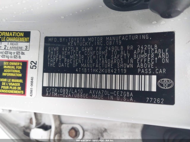 4T1B11HK2KU842119 Toyota CAMRY XLE