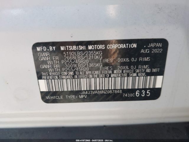 JA4J3VA86NZ087848 Mitsubishi Outlander Sel 2.5 2wd/sel Special Edition 2wd