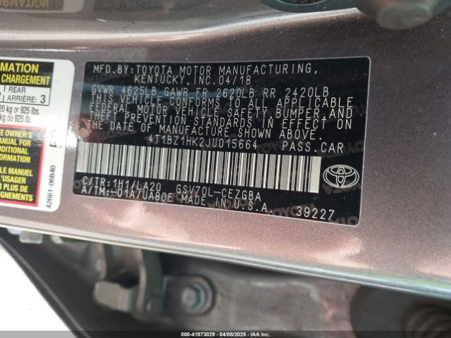 4T1BZ1HK2JU015664 Toyota Camry Xle V6