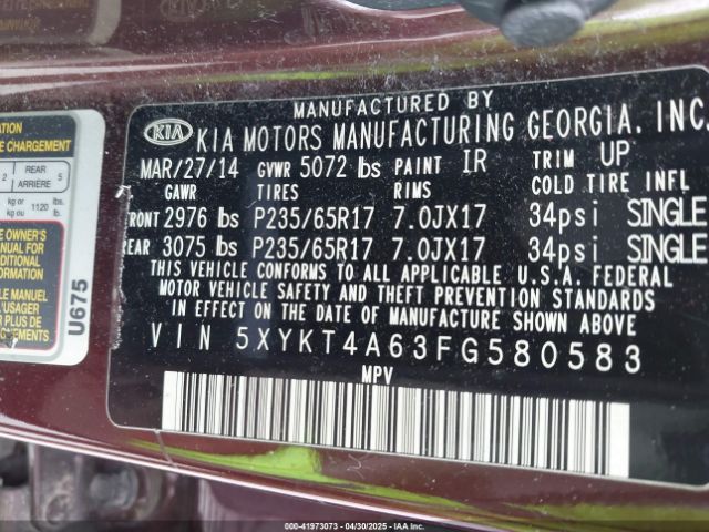 5XYKT4A63FG580583 KIA SORENTO LX