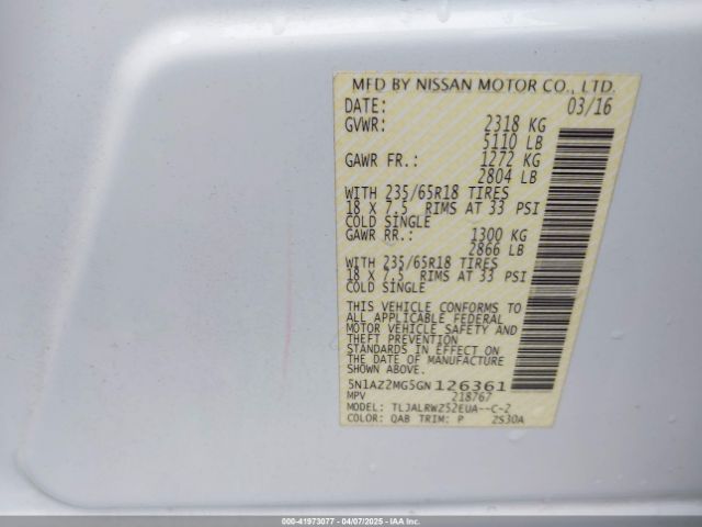 5N1AZ2MG5GN126361 Nissan MURANO SL