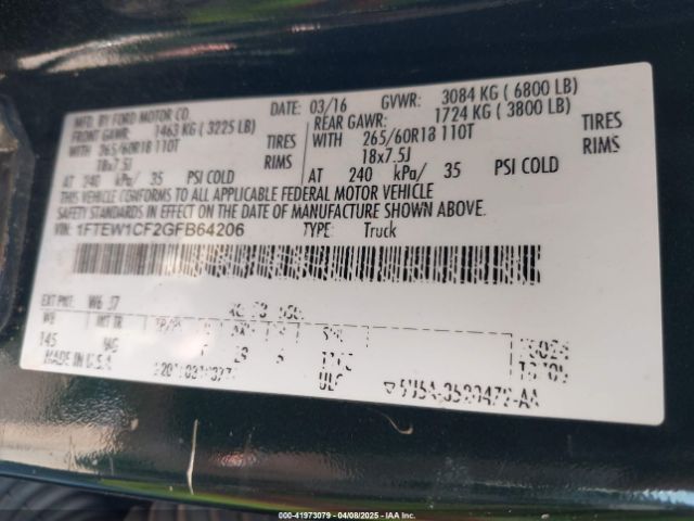 1FTEW1CF2GFB64206 Ford F-150 Xlt