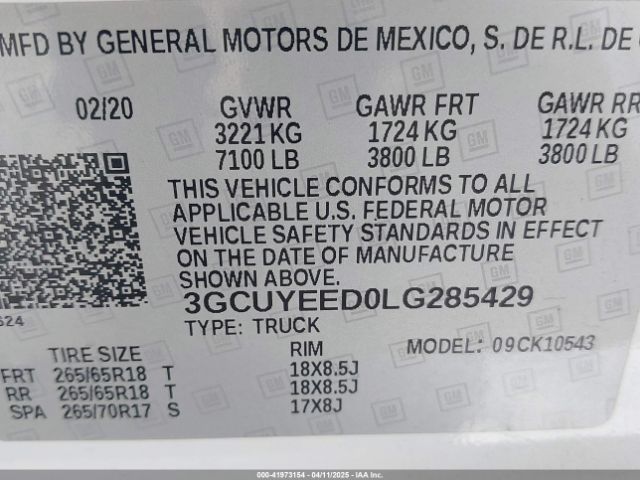 3GCUYEED0LG285429 Chevrolet Silverado 1500 4wd  Short Bed Rst