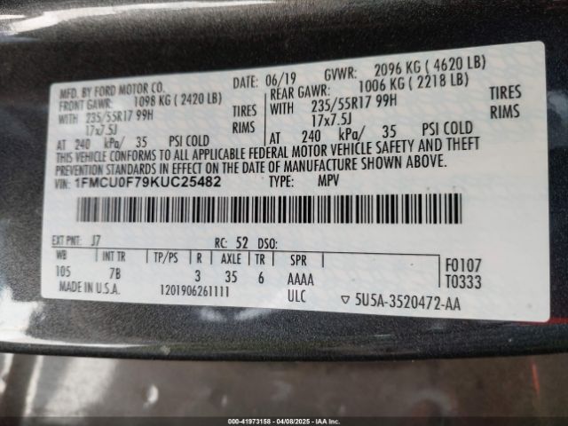 1FMCU0F79KUC25482 Ford ESCAPE S