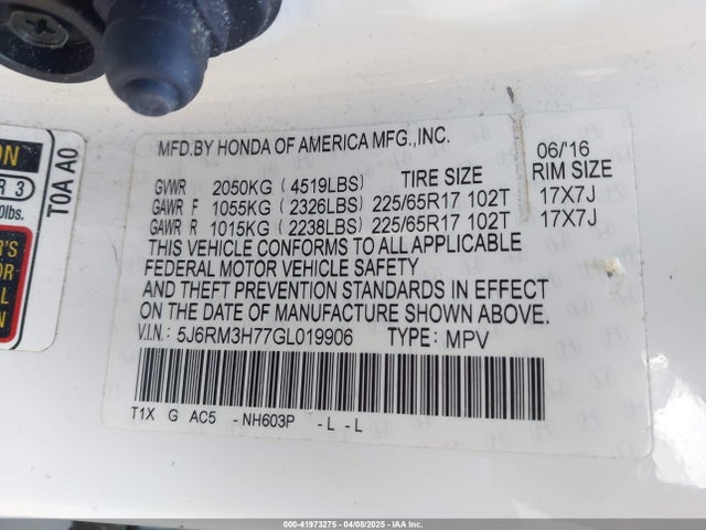 5J6RM3H77GL019906 Honda Cr-v Ex-l