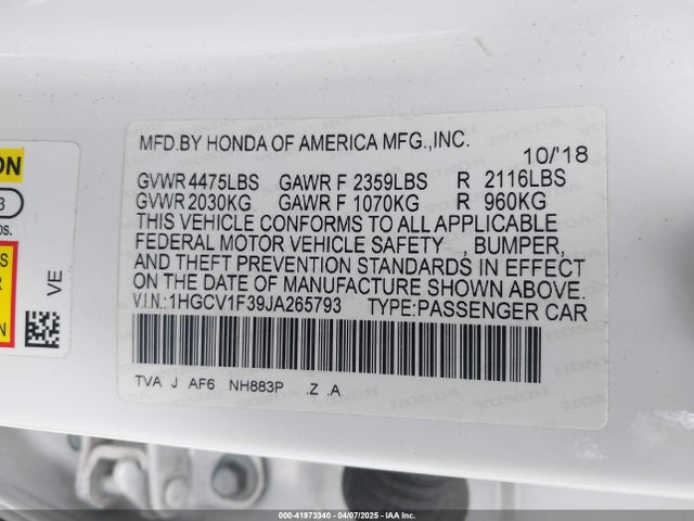 1HGCV1F39JA265793 Honda Accord Sport