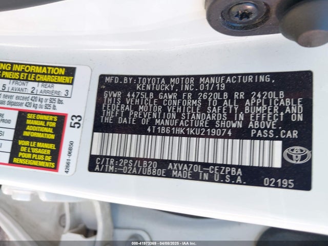 4T1B61HK1KU219074 Toyota CAMRY XSE