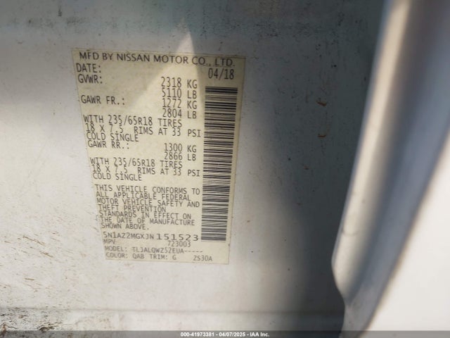 5N1AZ2MGXJN151523 Nissan MURANO SV