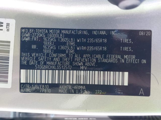 5TDGBRCHXLS512512 Toyota Highlander Hybrid Xle