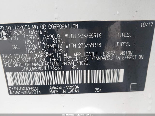 Toyota 2ar-fxe, 2jm+2fm 2018 JTMJJREV8JD176539 Image 9