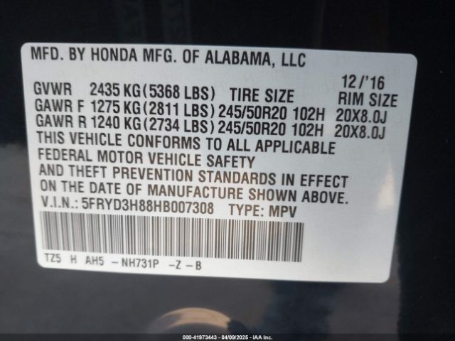 5FRYD3H88HB007308 Acura Mdx Advance Package