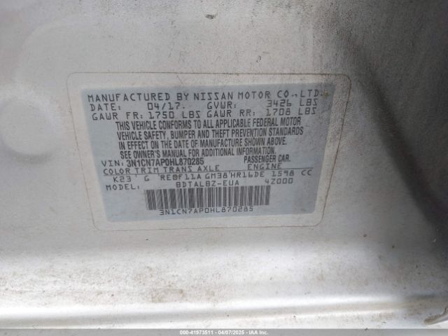 3N1CN7AP0HL870285 Nissan Versa 1.6 Sv