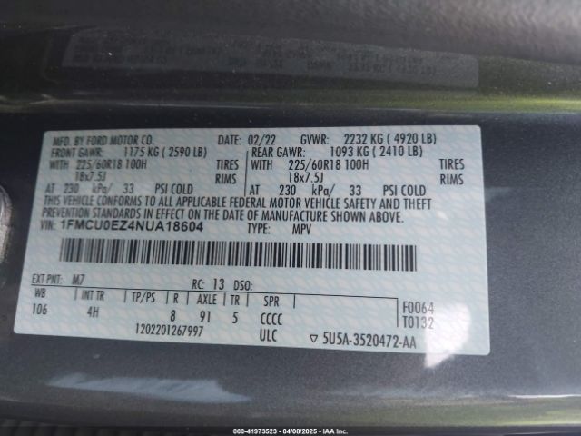 1FMCU0EZ4NUA18604 Ford Escape Se Plug-in Hybrid