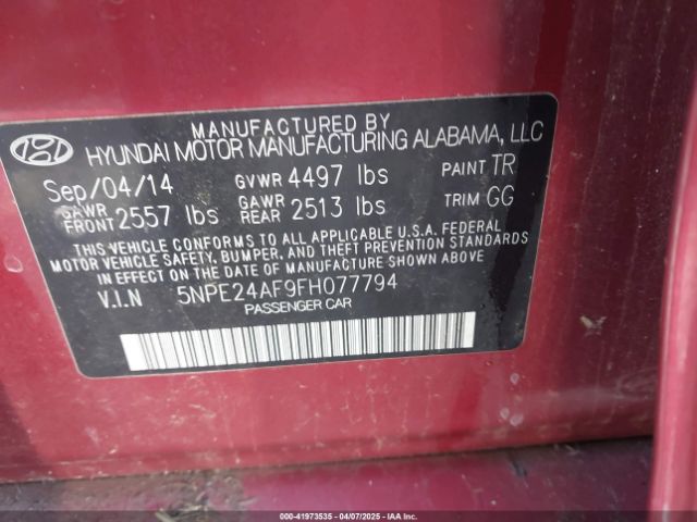 5NPE24AF9FH077794 Hyundai SONATA SE