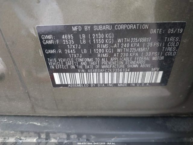 2019 SUBARU OUTBACK 4S4BSAFC2K3356134 Photo 8