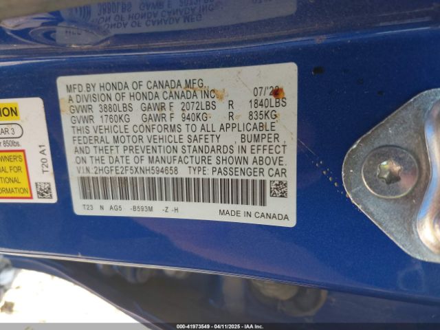 2022 HONDA CIVIC 2HGFE2F5XNH594658 Photo 8