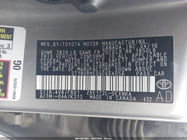 2T1BURHE0GC664056 Toyota COROLLA LE