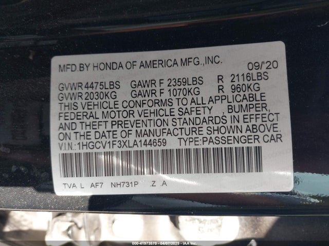 1HGCV1F3XLA144659 Honda Accord Sport