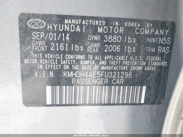 KMHDH4AE5FU321296 Hyundai ELANTRA SE