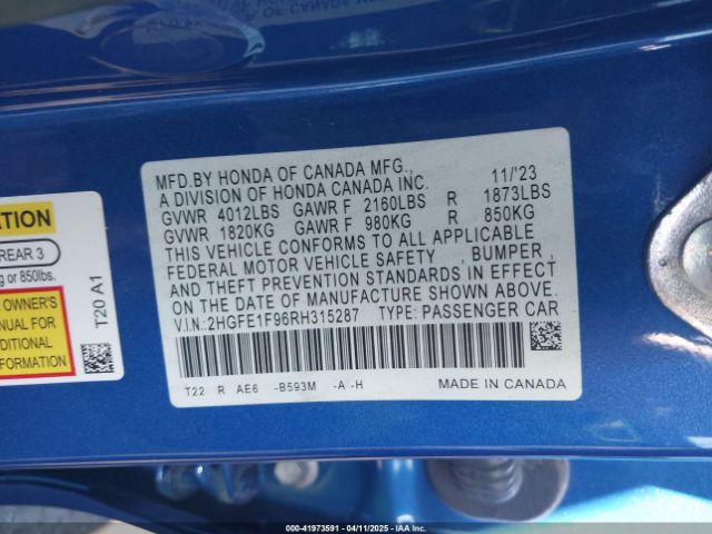 2HGFE1F96RH315287 Honda Civic Touring