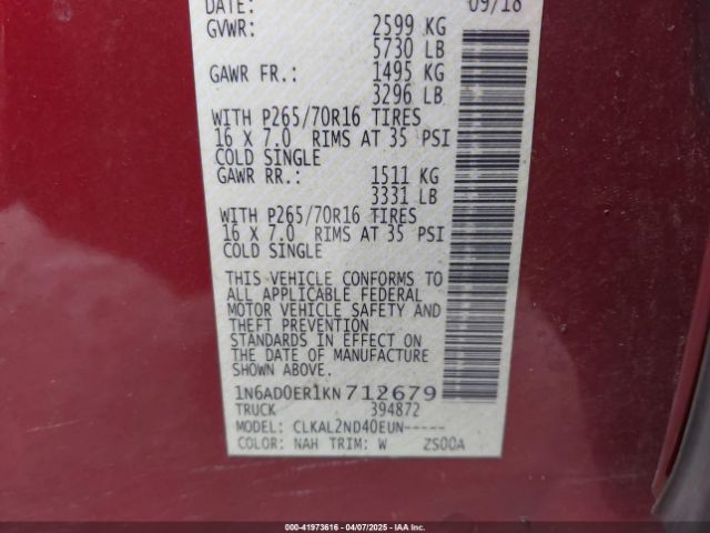 1N6AD0ER1KN712679 Nissan Frontier Sv