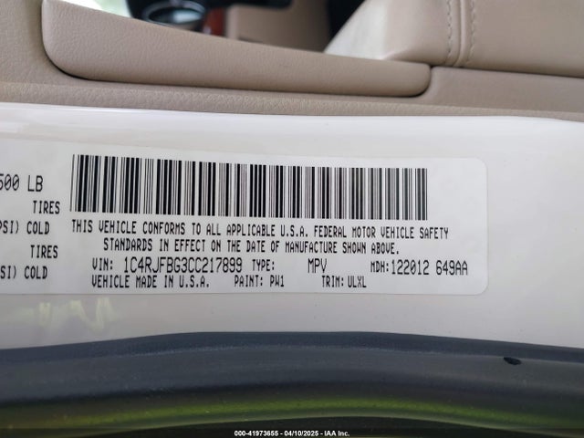 41973655 :رقم المزاد ، 1C4RJFBG3CC217899 vin ، 2012 Jeep Grand Cherokee Limited مزاد بيع