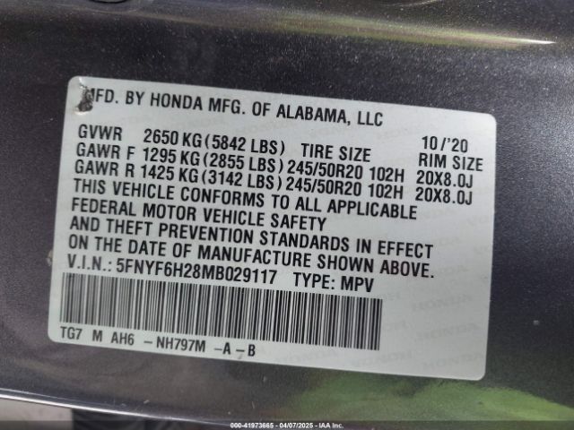 5FNYF6H28MB029117 Honda Pilot Awd Special Edition