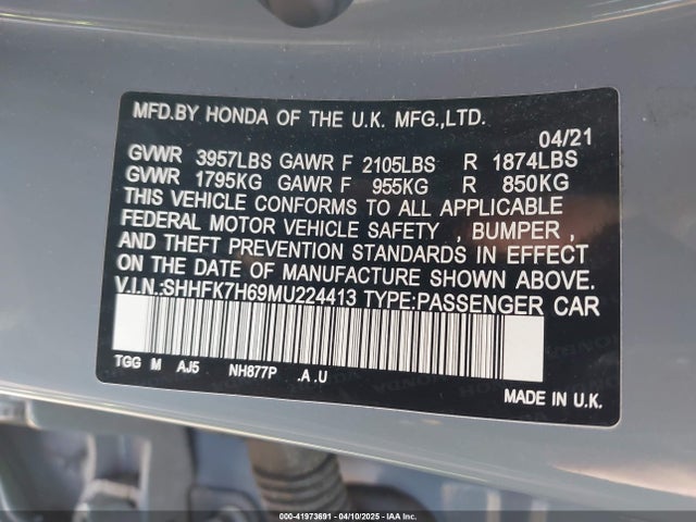 SHHFK7H69MU224413 Honda CIVIC EX