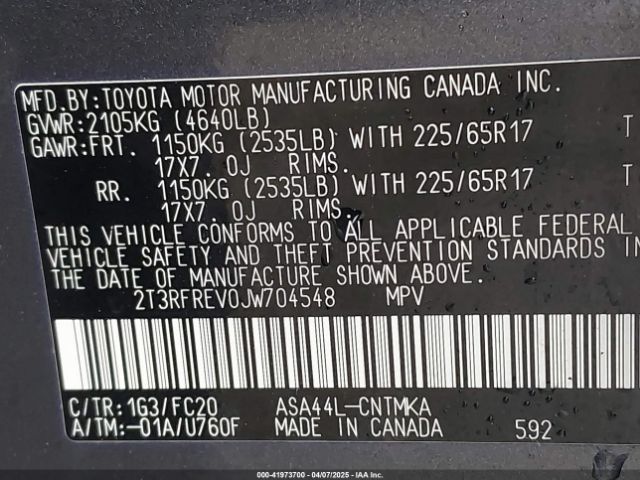 2T3RFREV0JW704548 Toyota Rav4 Xle