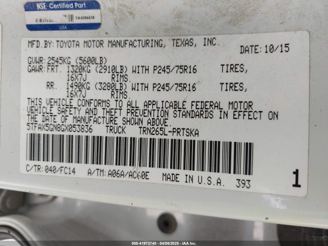 5TFAX5GN8GX053836 Toyota Tacoma Sr5