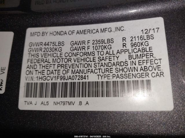 1HGCV1F99JA072841 Honda Accord Touring