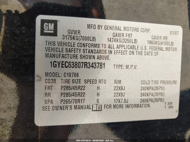 2007 CADILLAC ESCALADE 1GYEC63807R343781 Photo 8