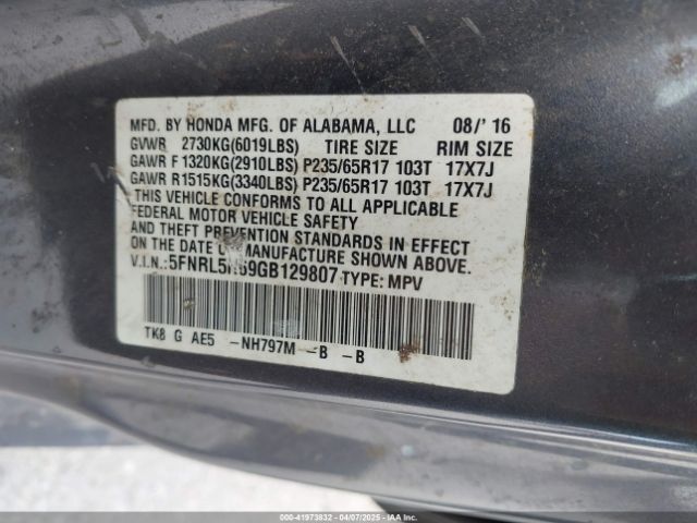 5FNRL5H69GB129807 Honda Odyssey Ex-l