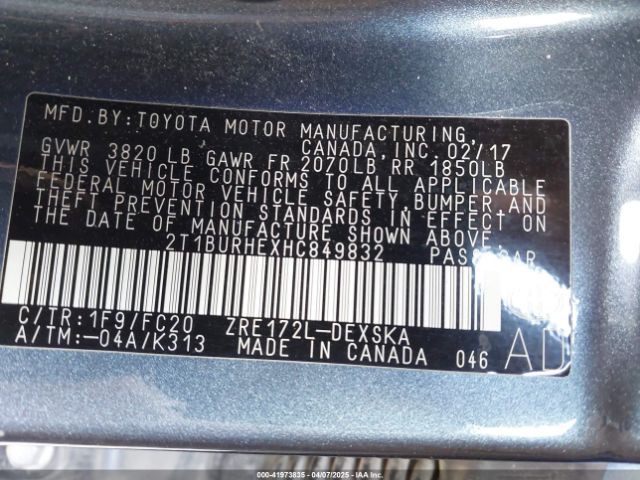 2T1BURHEXHC849832 Toyota COROLLA SE