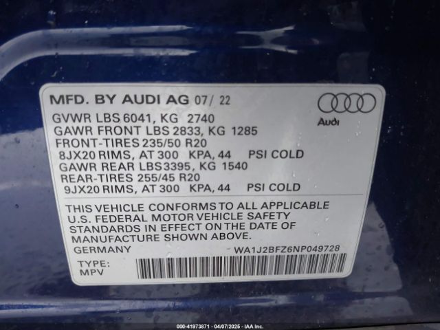 WA1J2BFZ6NP049728 Audi Q4 E-tron Prestige 50 Quattro