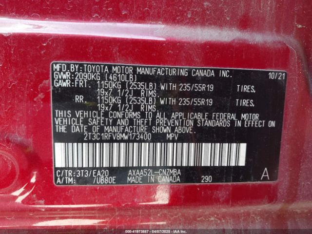 2T3C1RFV8MW173400 Toyota Rav4 Xle Premium