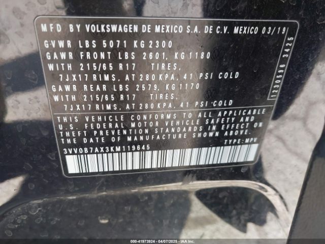 3VV0B7AX3KM119645 Volkswagen Tiguan 2.0t S