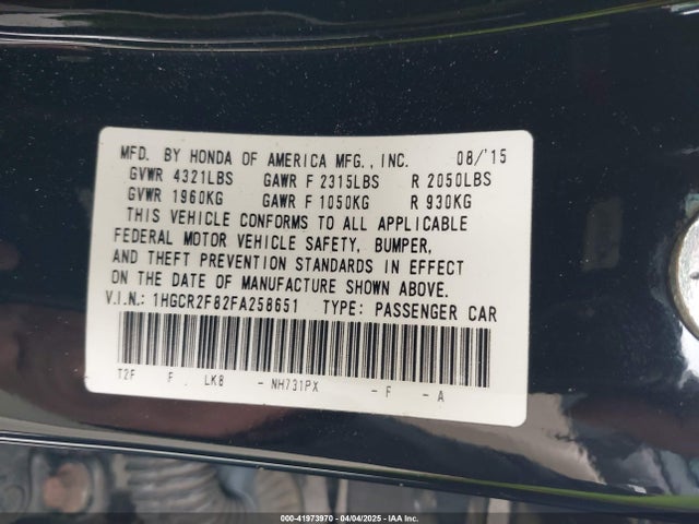 1HGCR2F82FA258651 Honda Accord Ex-l
