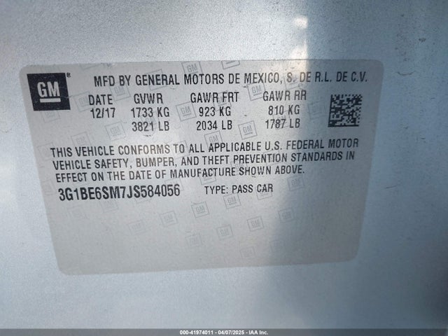 3G1BE6SM7JS584056 Chevrolet Cruze Lt Auto