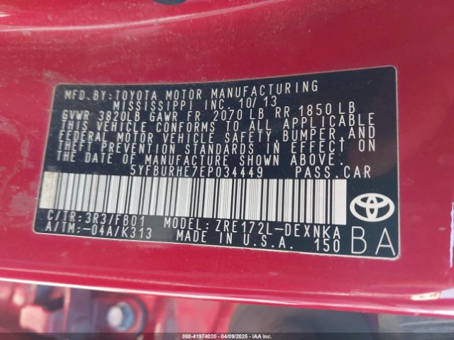 5YFBURHE7EP034449 Toyota Corolla L/le/le Pls/prm/s/s Pls