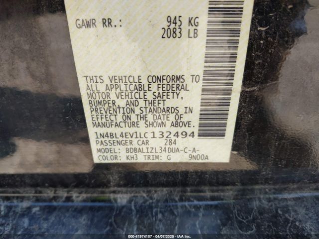 1N4BL4EV1LC132494 Nissan Altima Sl Fwd