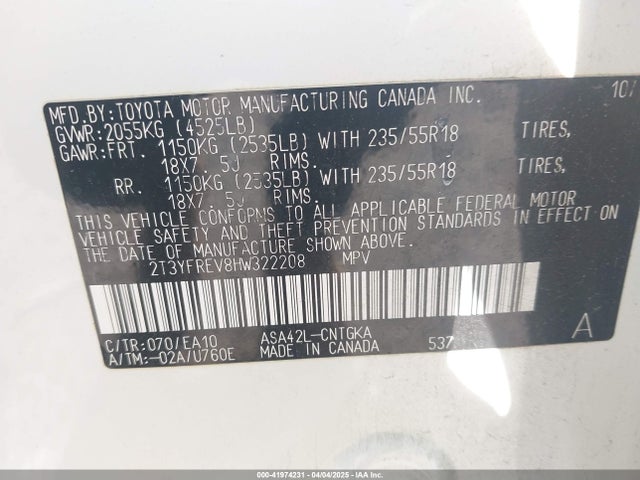 2T3YFREV8HW322208 Toyota Rav4 Limited