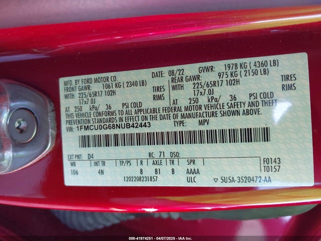 1FMCU0G68NUB42443 Ford ESCAPE SE