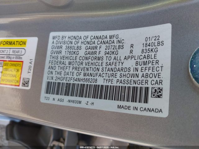 2022 HONDA CIVIC 2HGFE2F54NH566208 Photo 8
