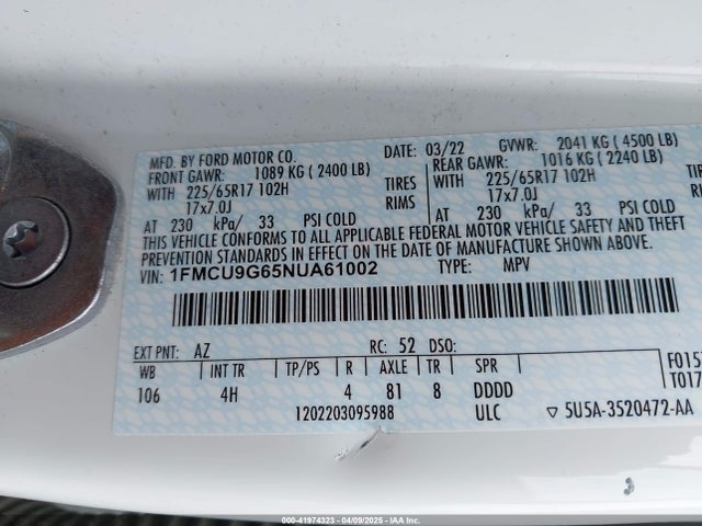 1FMCU9G65NUA61002 Ford ESCAPE SE