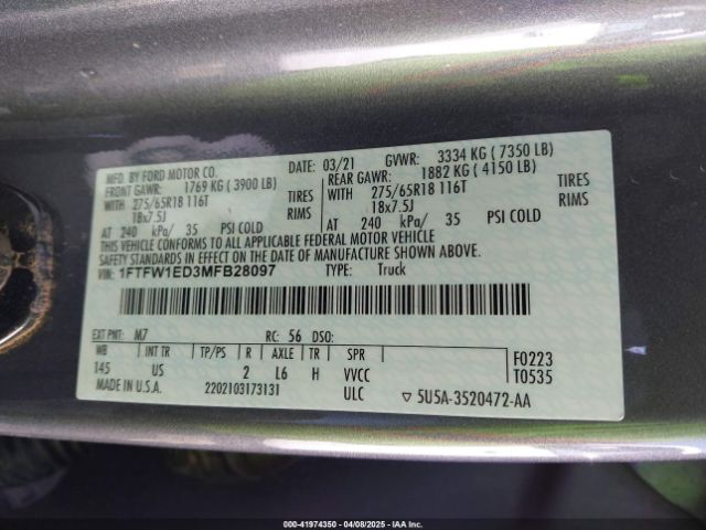 1FTFW1ED3MFB28097 Ford F-150 Xlt