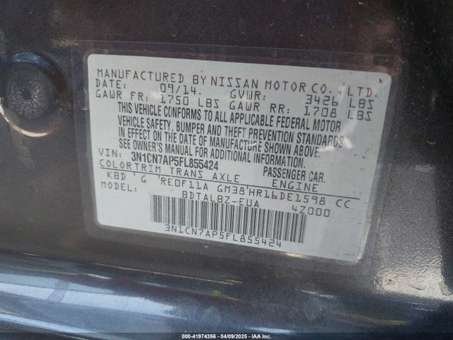 3N1CN7AP5FL855424 Nissan Versa 1.6 Sv