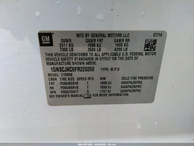 1GNSCJKC6FR229260 Chevrolet Suburban C1500 Lt