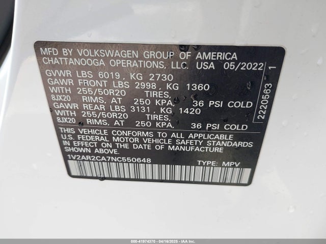 1V2AR2CA7NC550648 Volkswagen Atlas 3.6l V6 Sel R-line