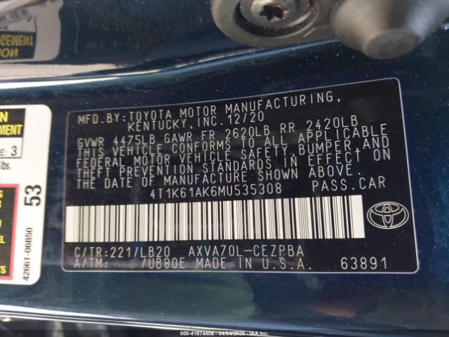 4T1K61AK6MU535308 Toyota CAMRY XSE